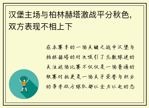 汉堡主场与柏林赫塔激战平分秋色，双方表现不相上下